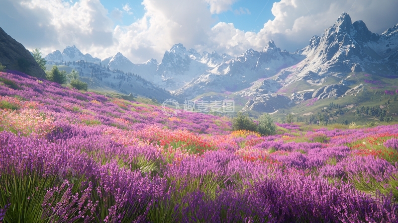 高清大图下载【趣麦麦图】梦幻般的紫色花海与雪山