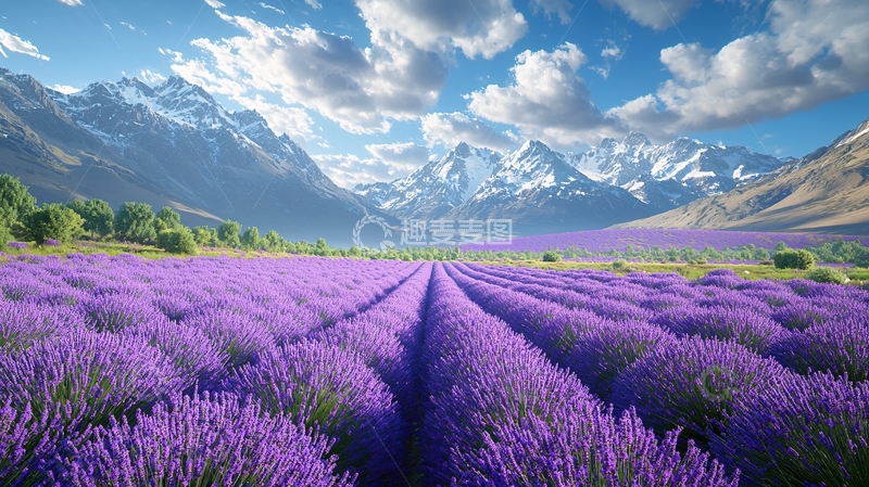 高清大图下载【趣麦麦图】雪山下的薰衣草田