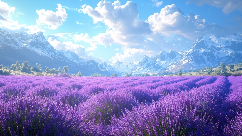 高清大图下载【趣麦麦图】薰衣草花田雪山背景
