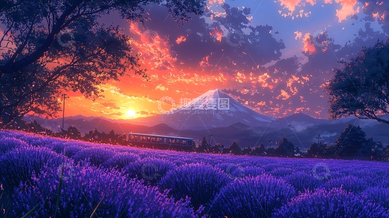 高清大图下载【趣麦麦图】富士山薰衣草日落
