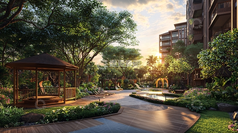 高清大图下载【趣麦麦图】夕阳下社区景观园林