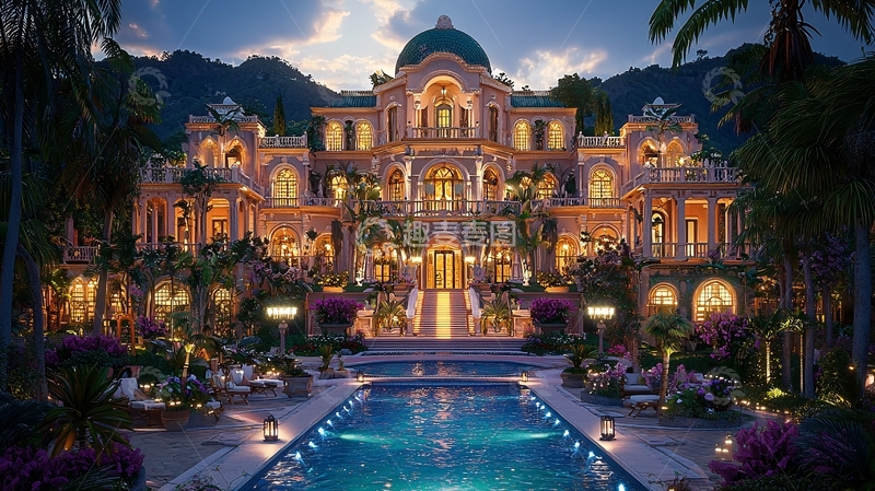 高清大图下载【趣麦麦图】梦幻岛屿豪宅夜景