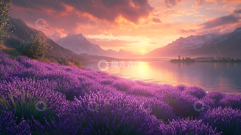 高清大图下载【趣麦麦图】落日余晖下的薰衣草田