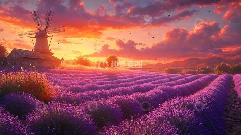 高清大图下载【趣麦麦图】日落薰衣草田风车风景