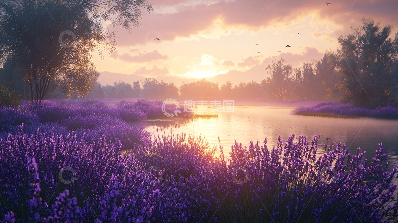 高清大图下载【趣麦麦图】清晨薰衣草湖畔日出