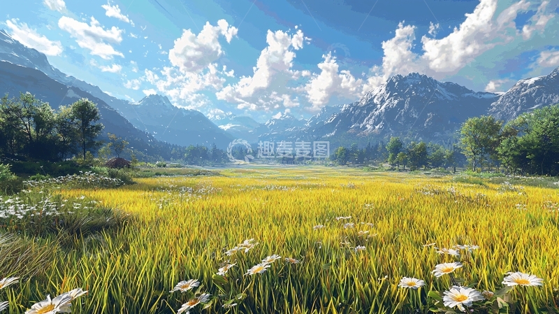 高清大图下载【趣麦麦图】阳光明媚的山谷田园风光