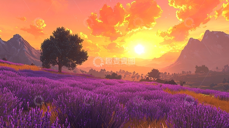 高清大图下载【趣麦麦图】薰衣草田夕阳美景