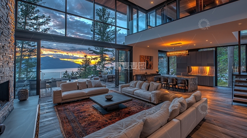 高清大图下载【趣麦麦图】现代极简风格湖景别墅客厅