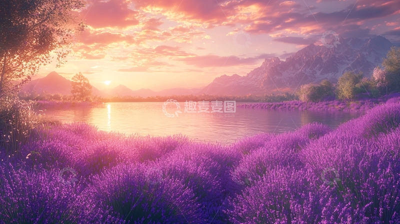 高清大图下载【趣麦麦图】梦幻紫色薰衣草湖泊日落