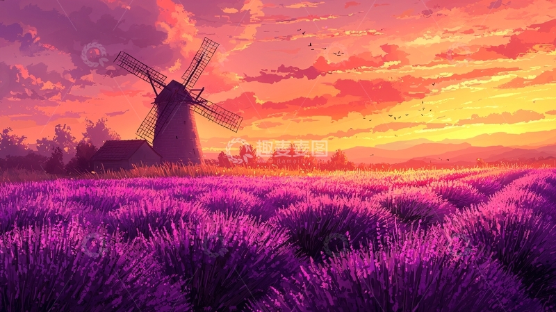 高清大图下载【趣麦麦图】夕阳下的薰衣草田和风车
