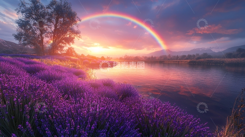 高清大图下载【趣麦麦图】彩虹日落薰衣草田园风光