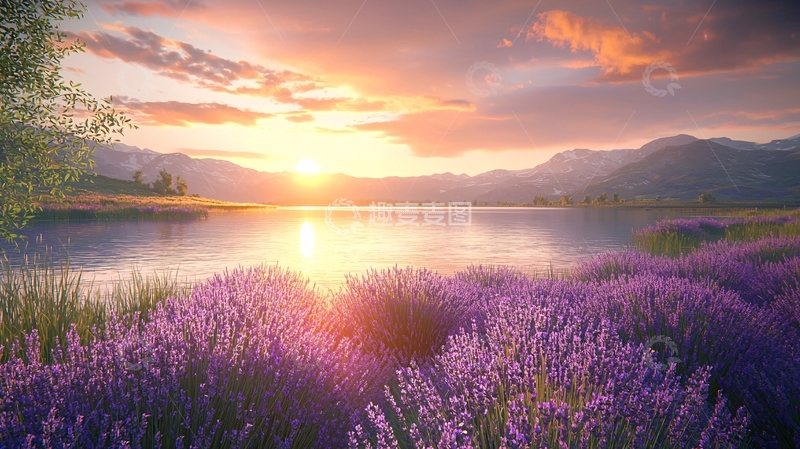 高清大图下载【趣麦麦图】日落薰衣草湖泊风景