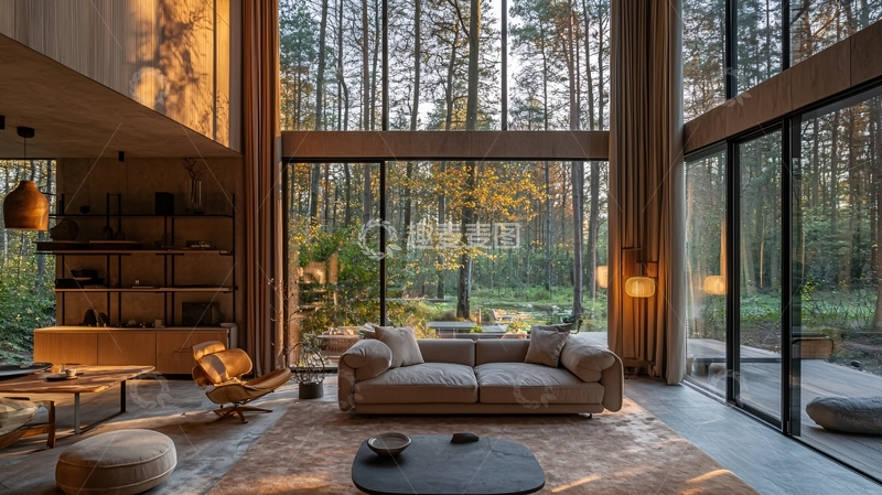 高清大图下载【趣麦麦图】森林环绕落地窗别墅客厅
