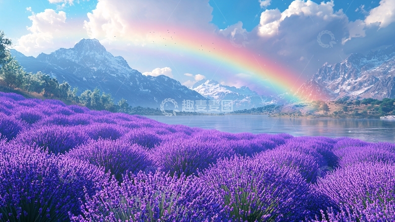 高清大图下载【趣麦麦图】彩虹下的薰衣草田