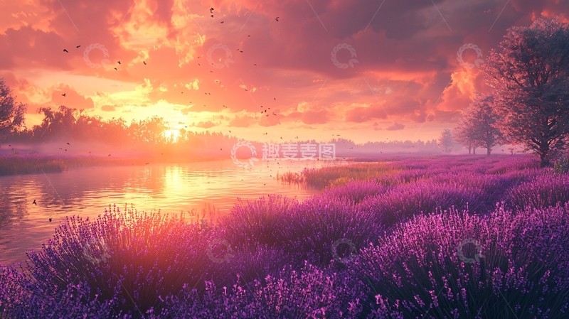 高清大图下载【趣麦麦图】日落薰衣草湖泊风景