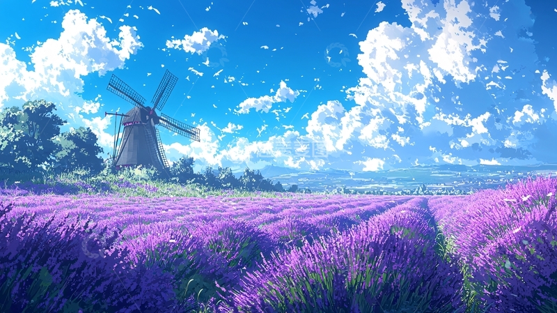 高清大图下载【趣麦麦图】薰衣草田风车蓝天白云