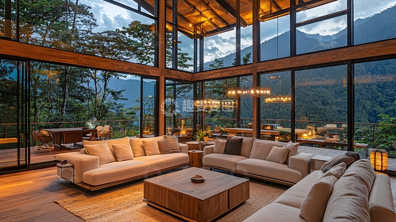 高清大图下载【趣麦麦图】山景落地窗现代别墅客厅