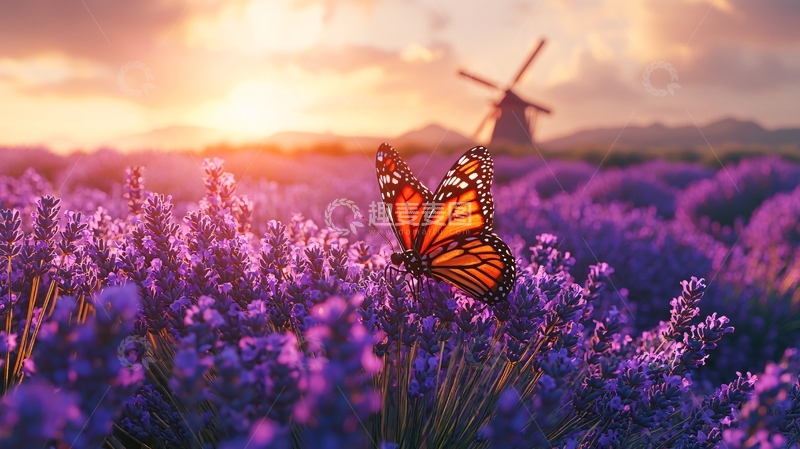高清大图下载【趣麦麦图】落日薰衣草田蝴蝶
