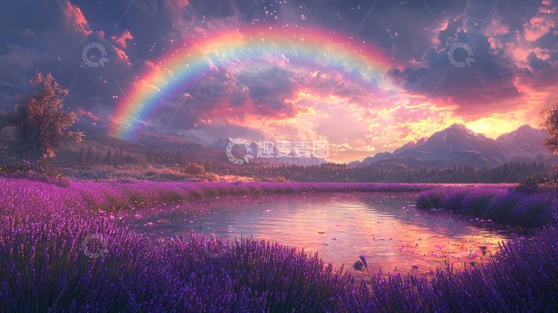 高清大图下载【趣麦麦图】彩虹下的薰衣草田