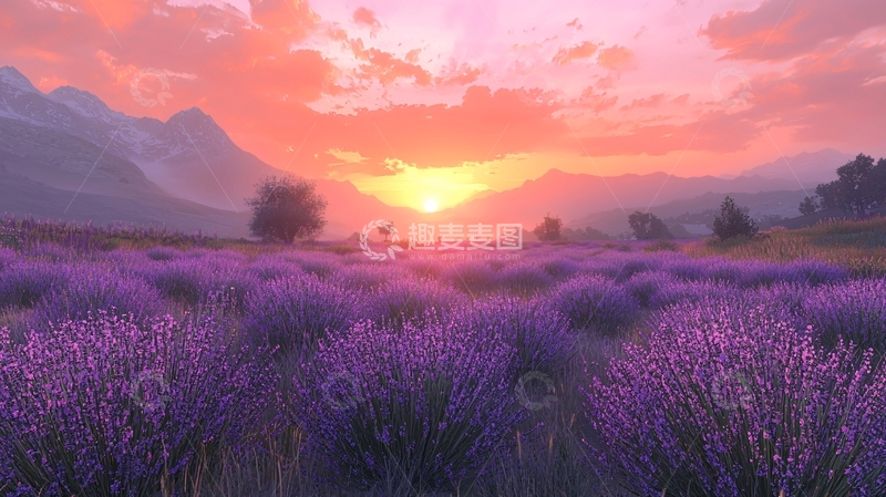 高清大图下载【趣麦麦图】夕阳下的薰衣草田