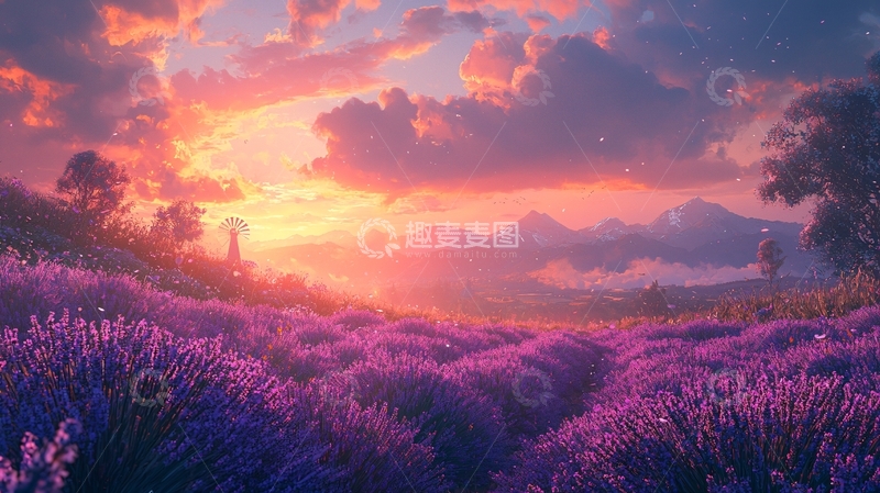 高清大图下载【趣麦麦图】梦幻薰衣草日落