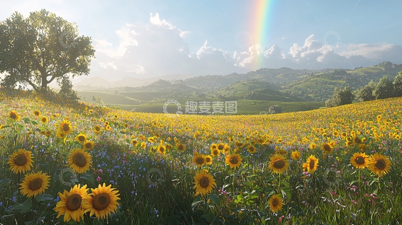 高清大图下载【趣麦麦图】向日葵田园彩虹风景