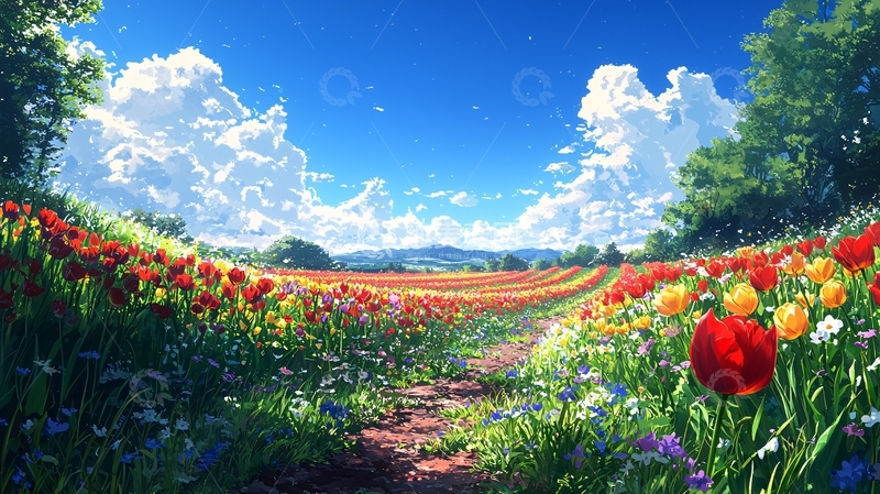 高清大图下载【趣麦麦图】阳光明媚的郁金香花田