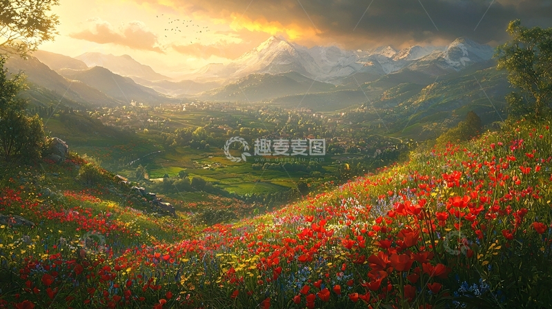 高清大图下载【趣麦麦图】山谷中的彩色花田