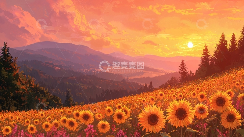 高清大图下载【趣麦麦图】夕阳下向日葵花海