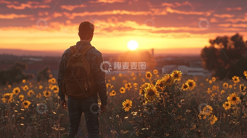 高清大图下载【趣麦麦图】落日余晖下的向日葵田