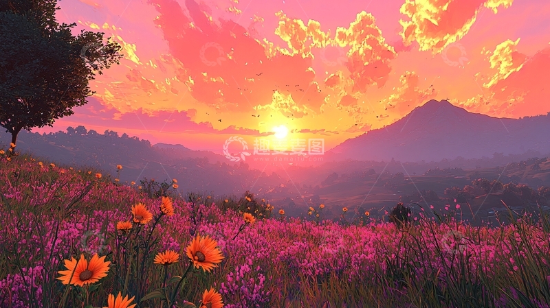 高清大图下载【趣麦麦图】梦幻般的粉色日落山景