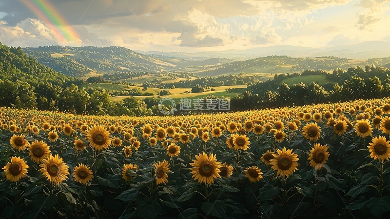 高清大图下载【趣麦麦图】彩虹下的向日葵田