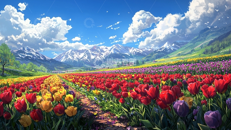 高清大图下载【趣麦麦图】彩色郁金香花田