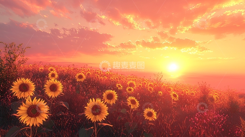 高清大图下载【趣麦麦图】日落下的向日葵田野