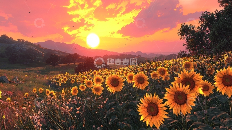 高清大图下载【趣麦麦图】向日葵花海夕阳风景