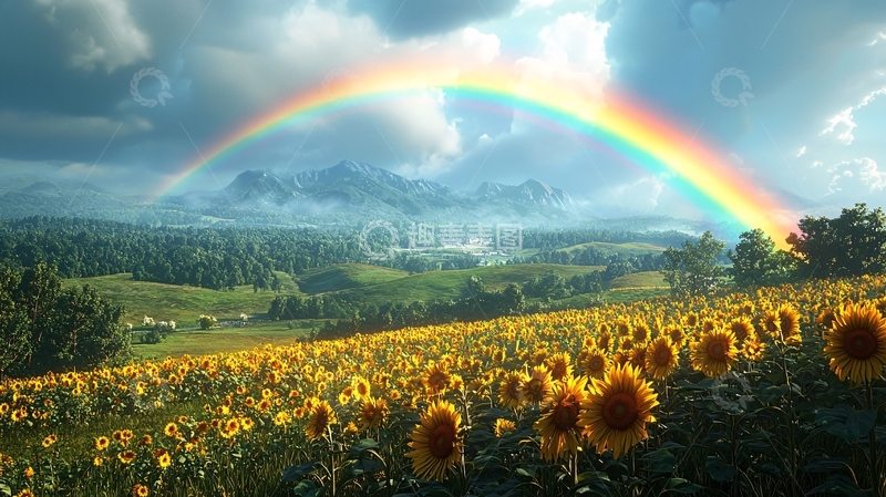 高清大图下载【趣麦麦图】彩虹下的向日葵田