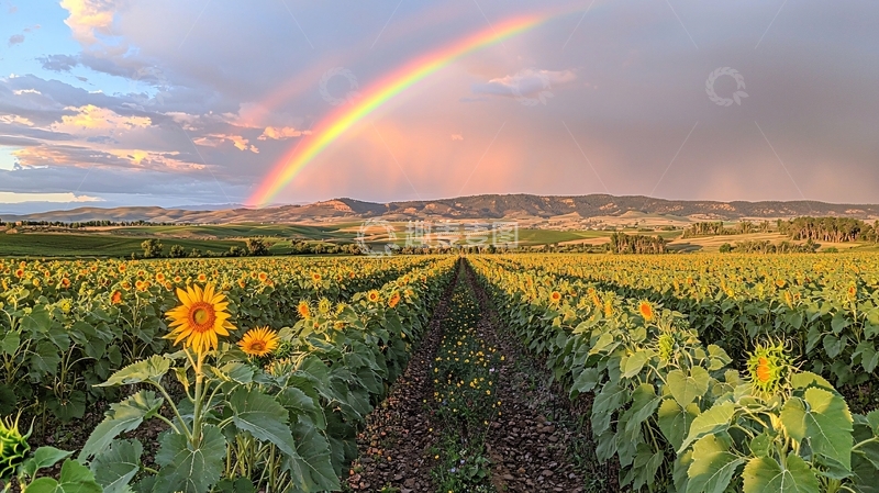 高清大图下载【趣麦麦图】彩虹下的向日葵田