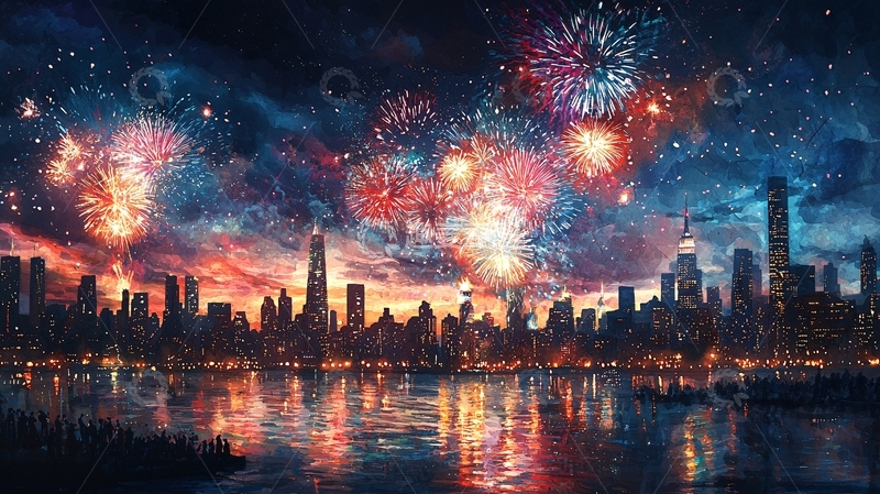 高清大图下载【趣麦麦图】绚丽烟火下的城市夜景