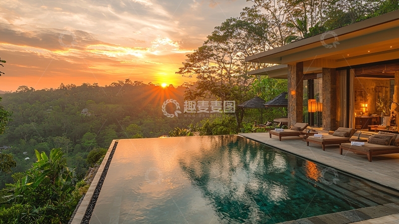 高清大图下载【趣麦麦图】日落泳池别墅景色