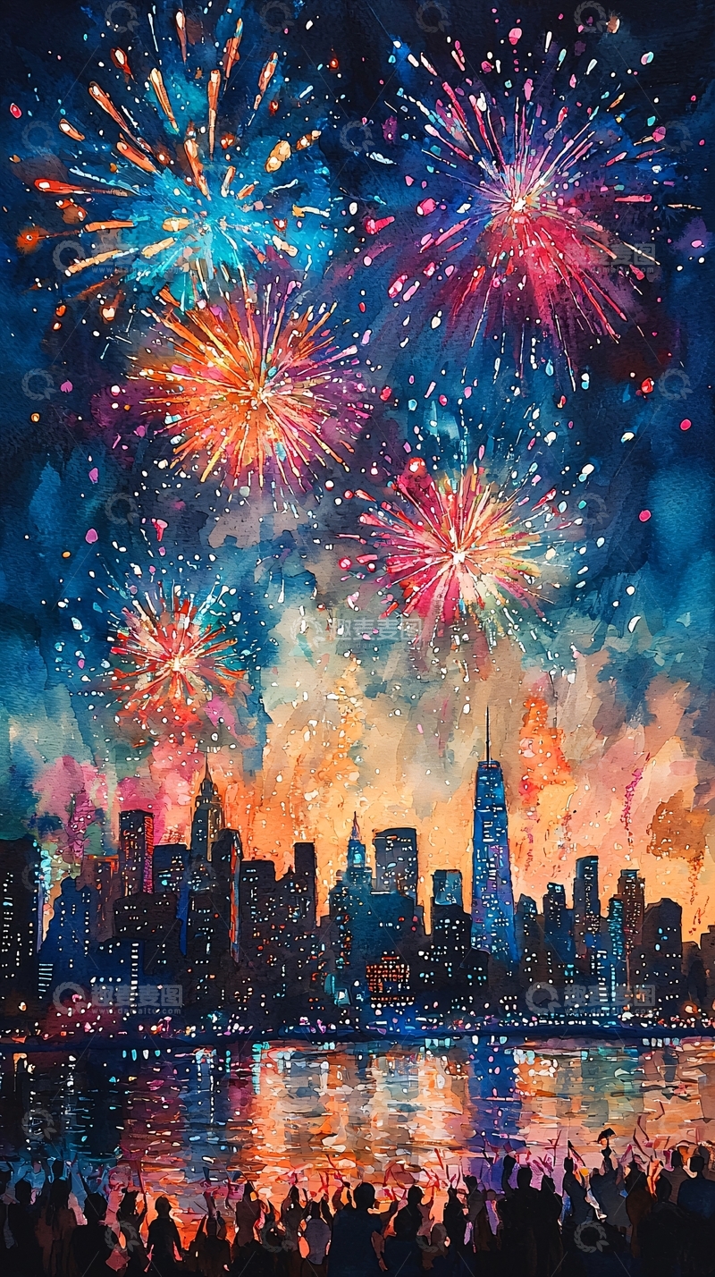 高清大图下载【趣麦麦图】纽约夜景烟火水彩画