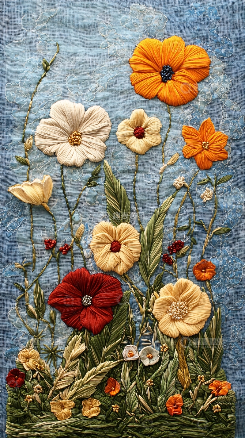 高清大图下载【趣麦麦图】丝带绣花卉图案