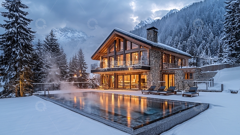 高清大图下载【趣麦麦图】雪山别墅夜景