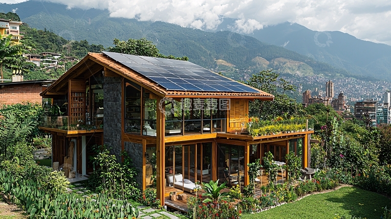 高清大图下载【趣麦麦图】山顶木屋太阳能光伏发电