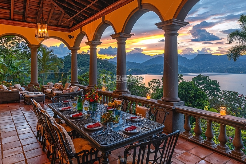 高清大图下载【趣麦麦图】日落美景别墅露台餐厅