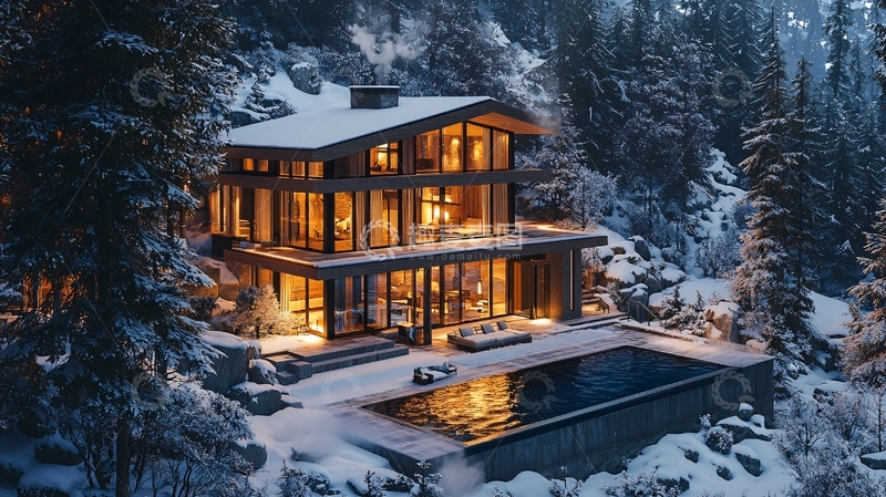 高清大图下载【趣麦麦图】雪山别墅夜景