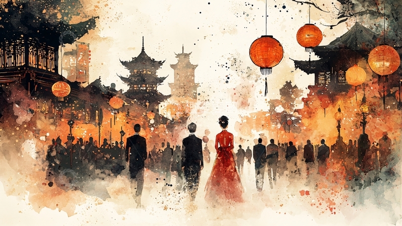 高清大图下载【趣麦麦图】中国风建筑人群水墨画