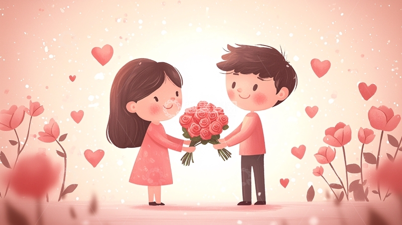 高清大图下载【趣麦麦图】卡通情侣送花