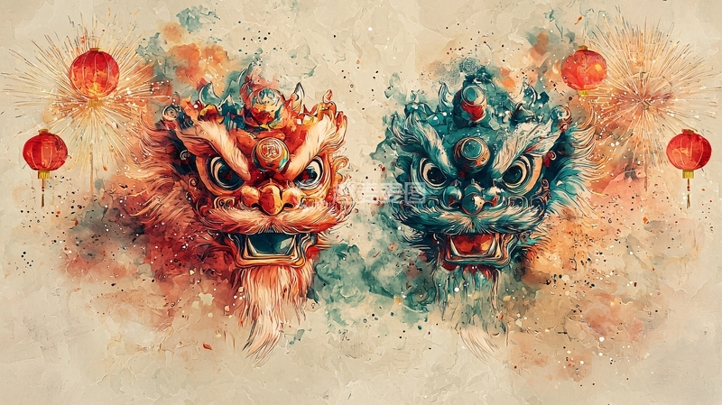 高清大图下载【趣麦麦图】水墨写意舞狮图