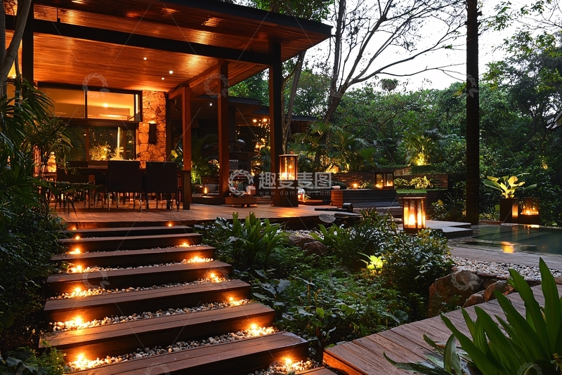 高清大图下载【趣麦麦图】夜晚庭院木质台阶灯光