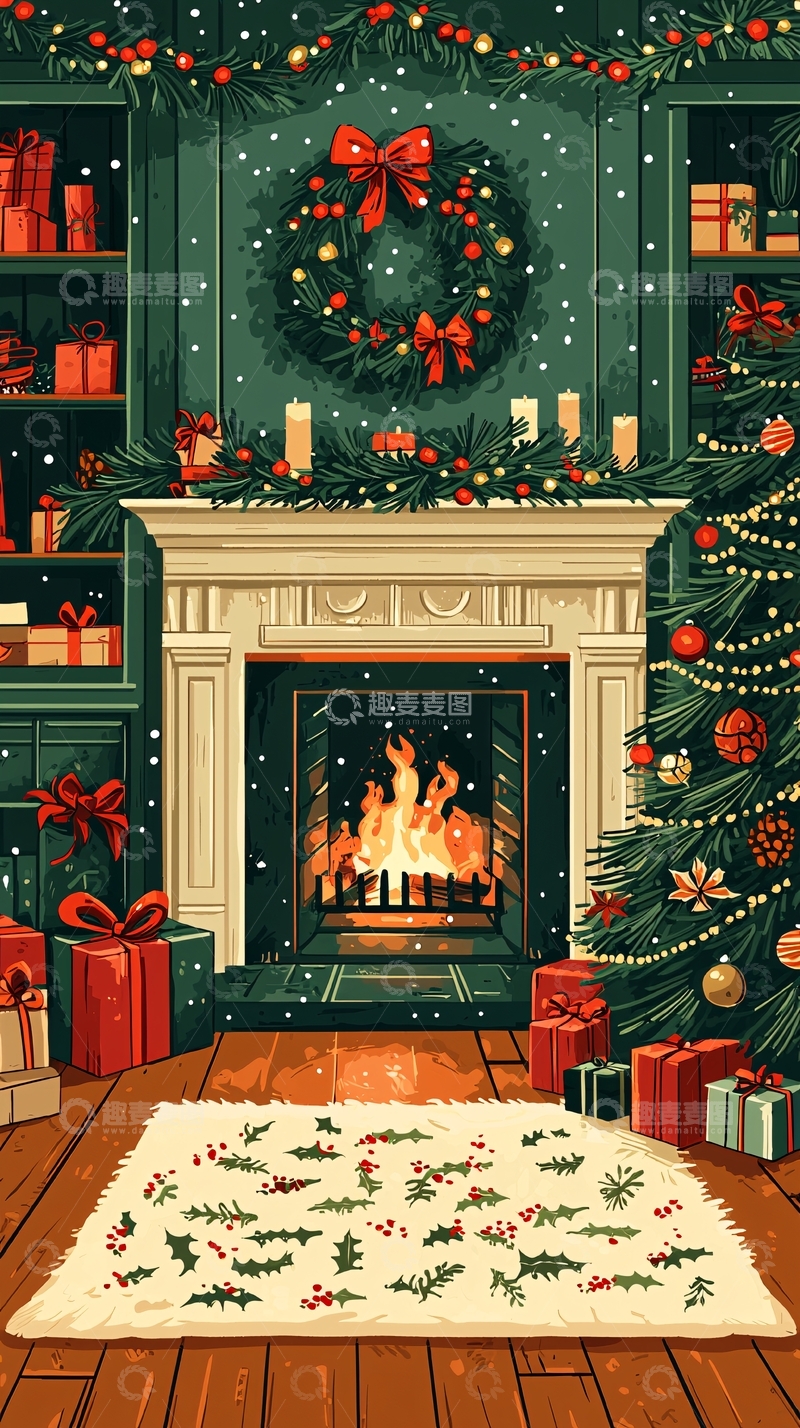 高清大图下载【趣麦麦图】圣诞节壁炉